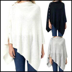 Soft Knitted Poncho Cape Shawl Wrap Button Front Asymmetrical Hem Chic